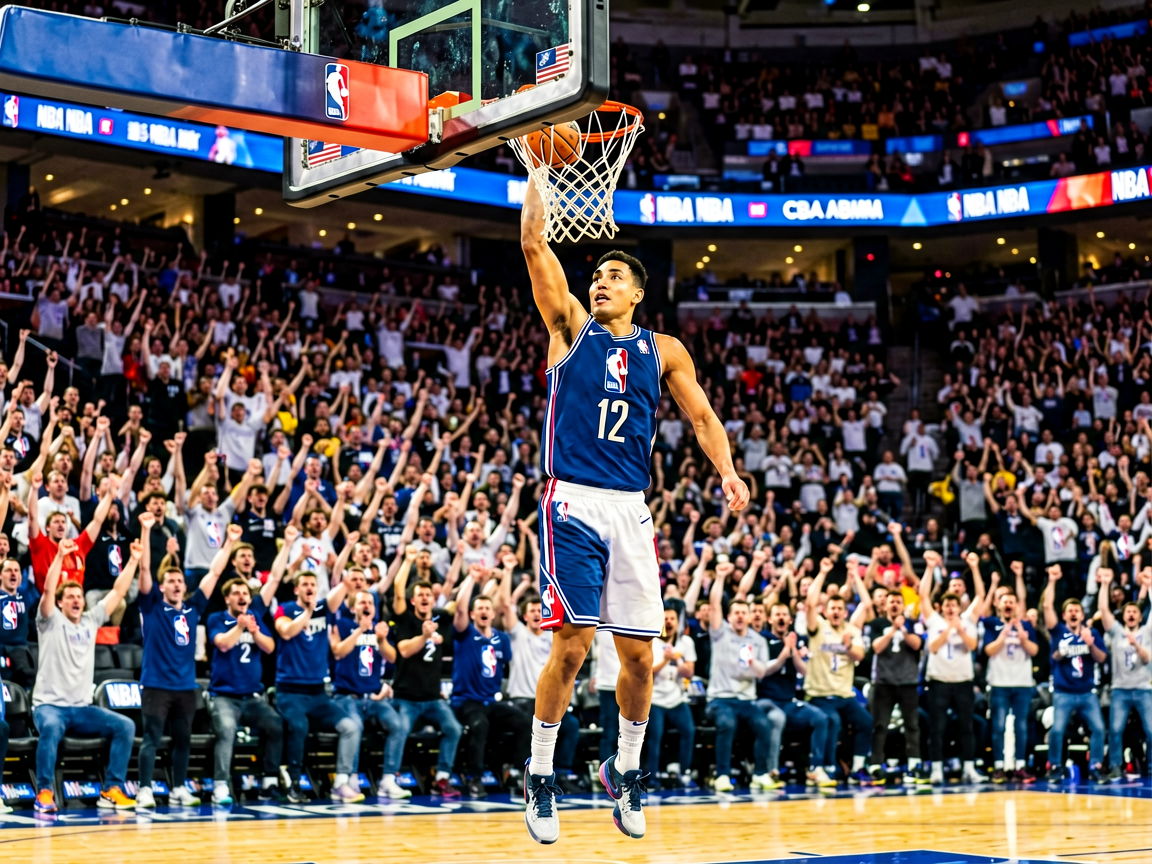 NBA比赛中球员完成精彩扣篮，全场观众起立欢呼